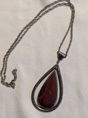 Vintage Mexican Modernist Teardrop Pendant Necklace Silver and Stone Inlay Boho